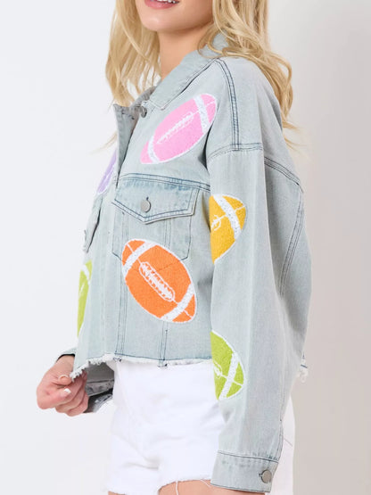 Applique Cropped Denim Jacket with Raw Hem