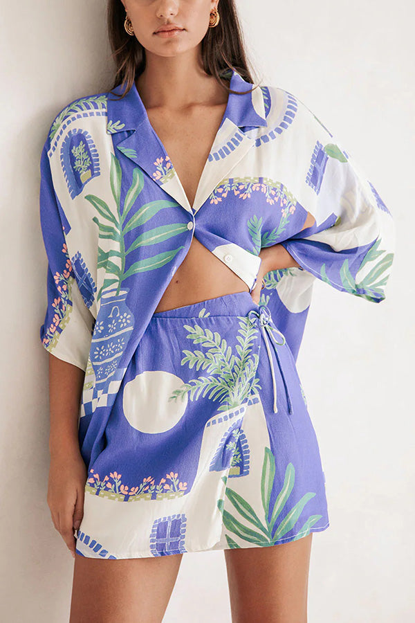 Balmy Summer Nights Unique Print Loose Shirt and Elastic Waist Wrap Lace-up Skirt Set Blue