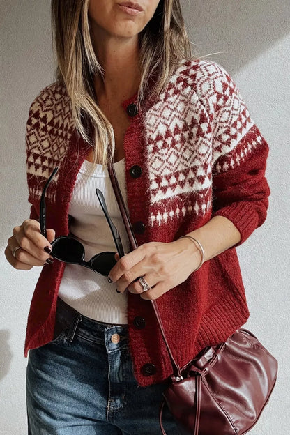 Geometric Print Button Front Long Sleeve Knitwear Cardigan