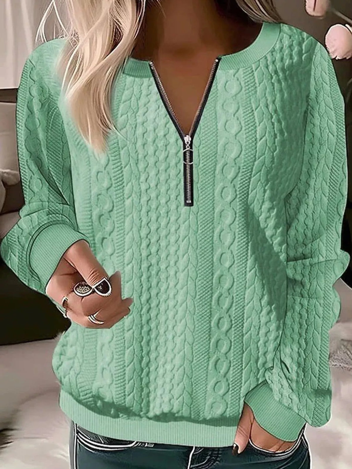 Full Size Quarter-Zip Cable Knit Sweatshirt Plus Size
