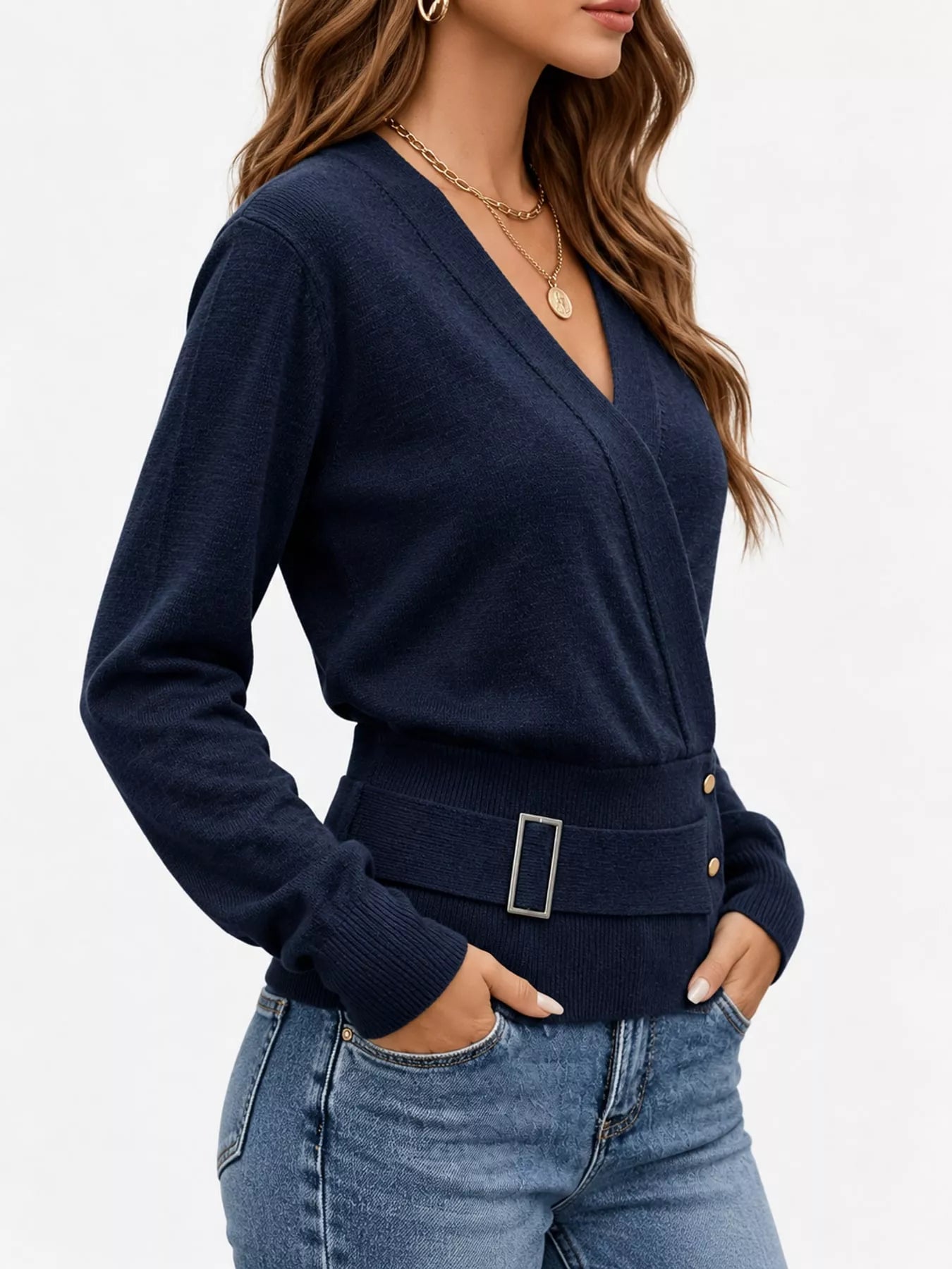 Surplice Elastic Waist Long Sleeve Knit Top