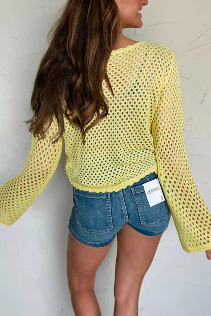 Scalloped Trim Hollow Out Knit Long Sleeve Top