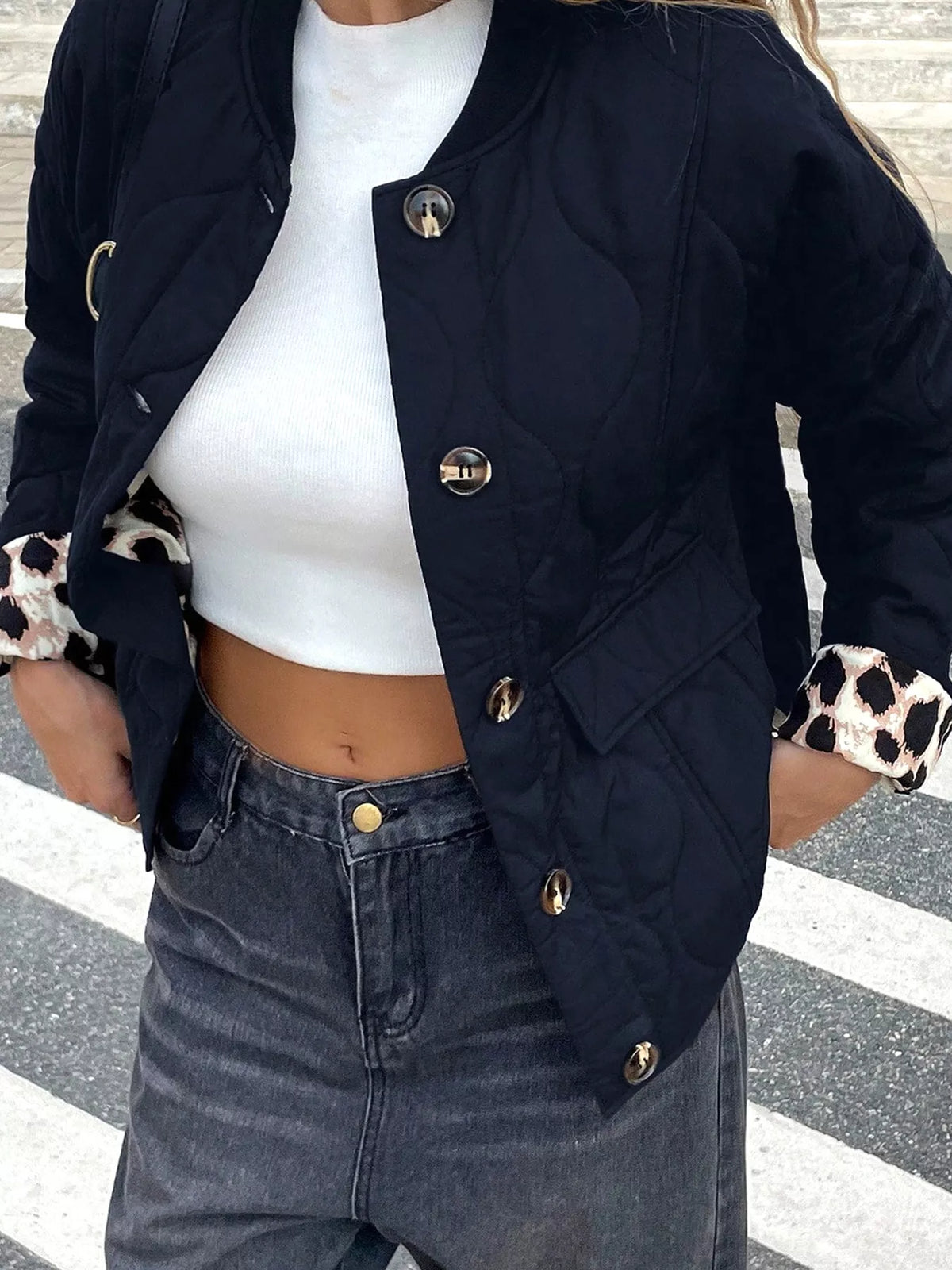 Quilted Leopard Cuff Button Down Puffer Jacket
