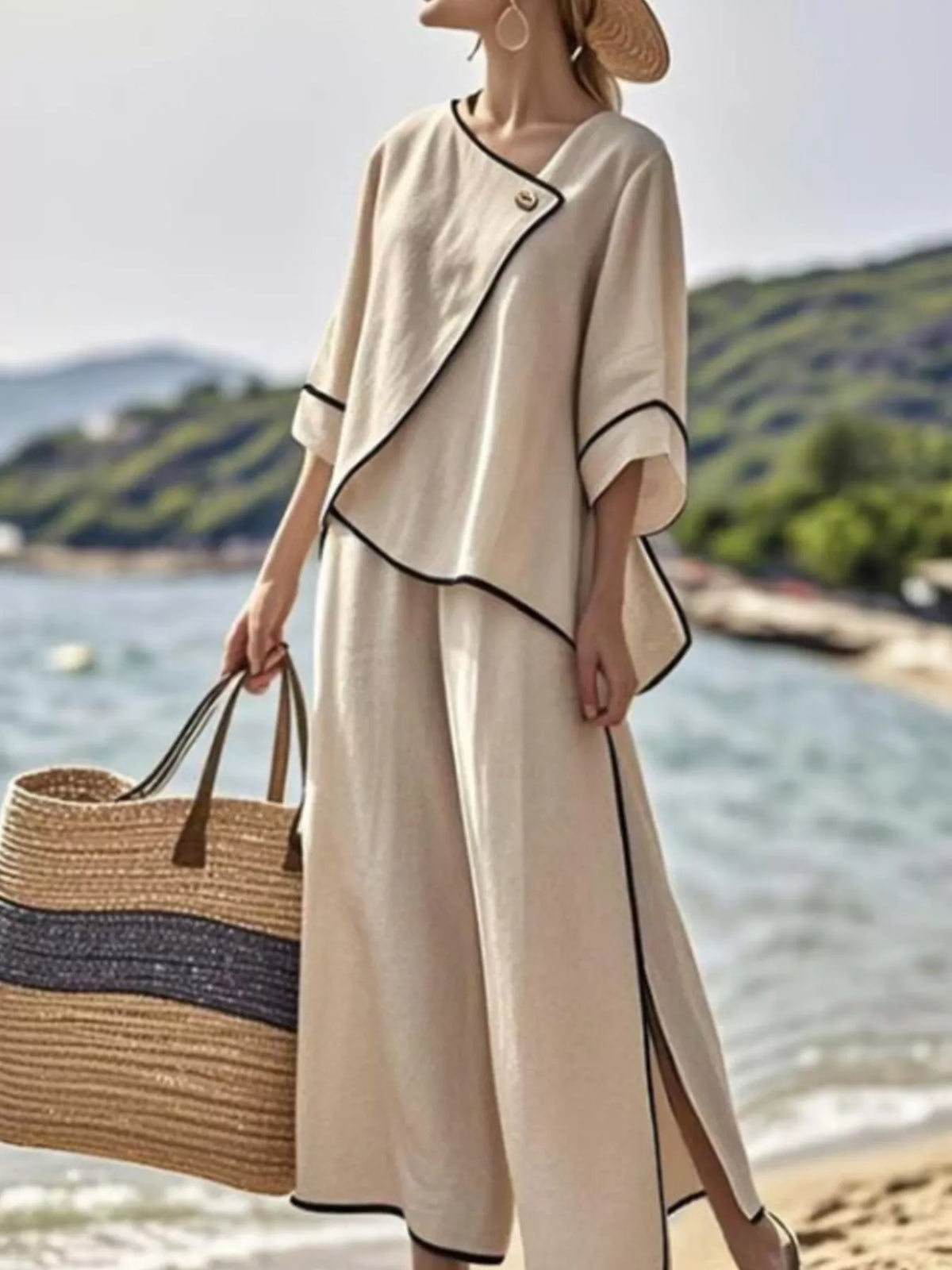 Full Size Contrast Trim Top and Wide Leg Pants Set Plus Size