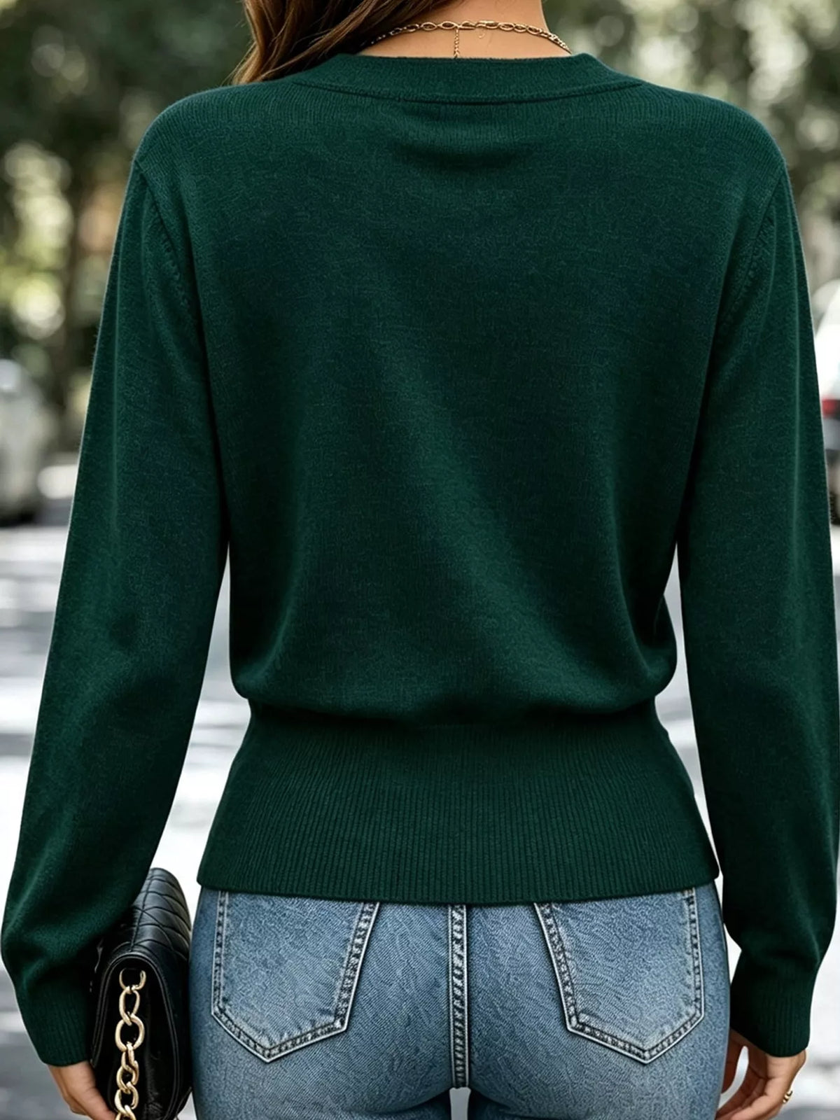 Surplice Elastic Waist Long Sleeve Knit Top