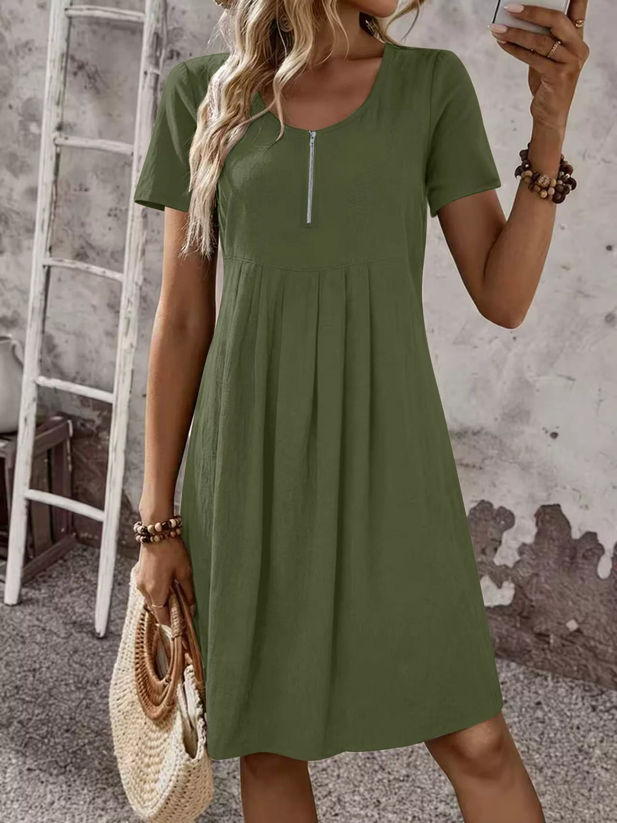 Zipper-Front Short Sleeve A-Line Dress