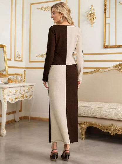 Two-Tone Long Sleeve Top and Maxi Skirt Set