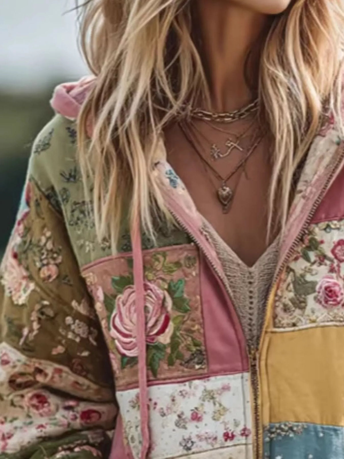 Full Size Drawstring Floral Zip-Up Sweatshirt Plus Size