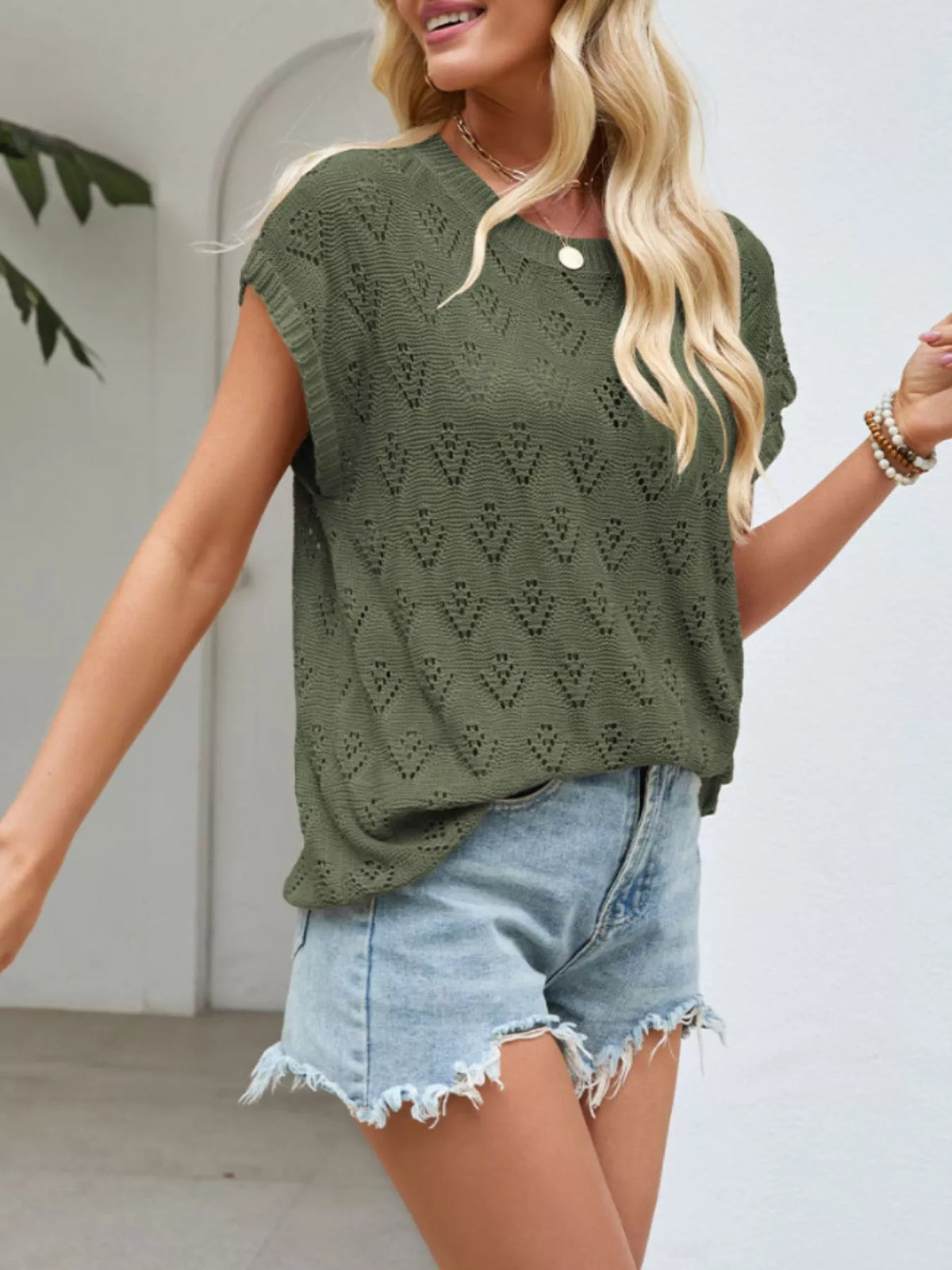 Openwork Short Sleeve Knit Top