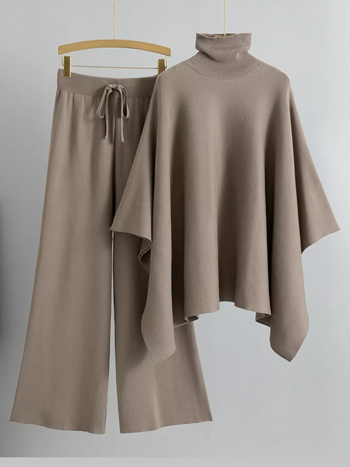 Turtleneck Poncho Pants Set with Wide-Leg Knit Pants