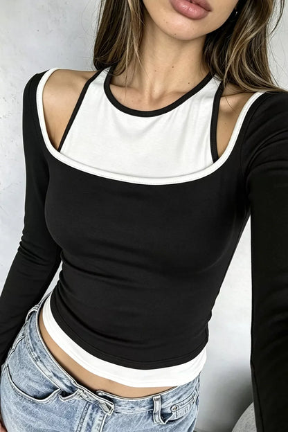 Color-Block Cutout Long Sleeve Slim Fit Top
