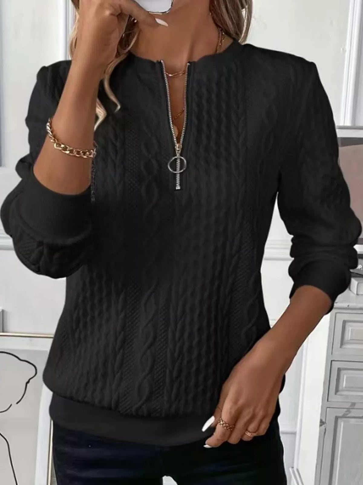 Full Size Quarter-Zip Cable Knit Sweatshirt Plus Size