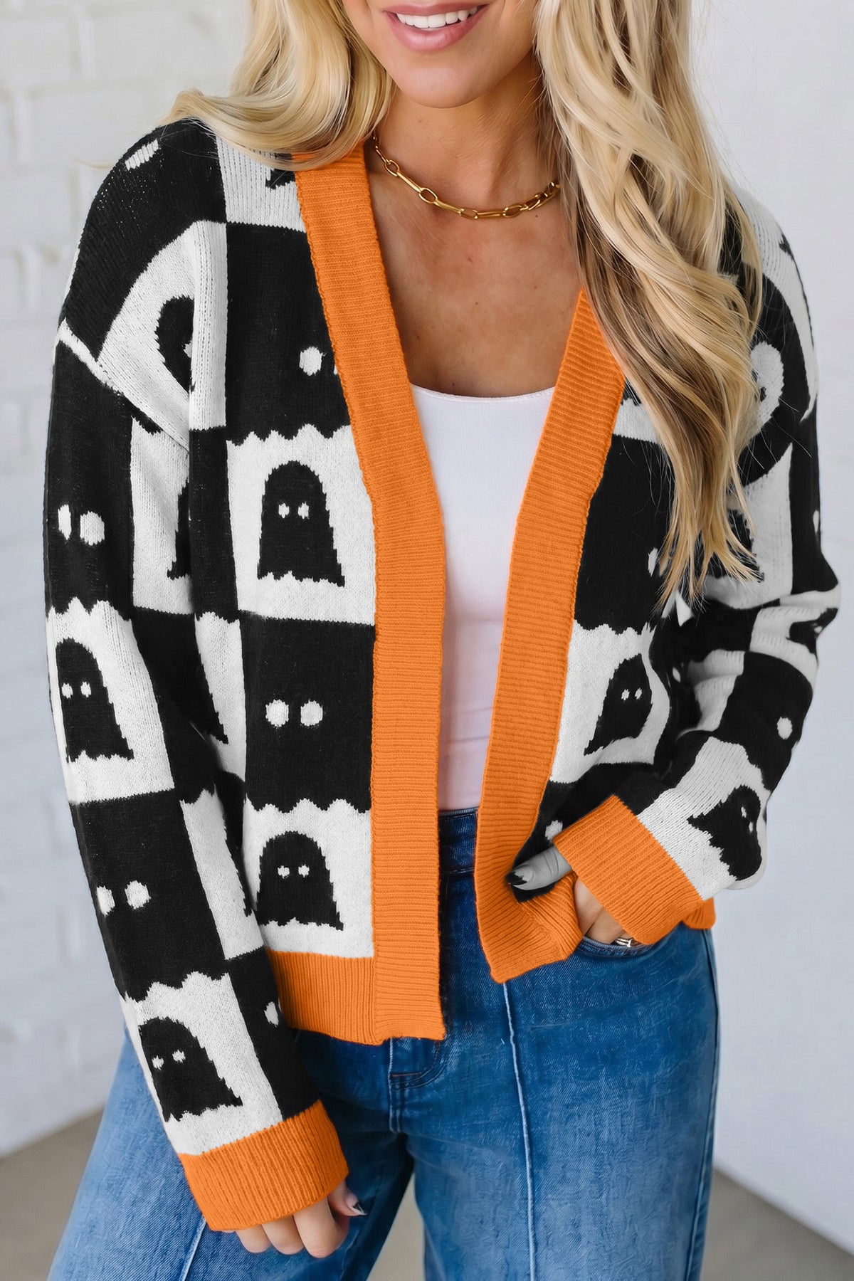 Black Geometric Ghost Print Drop Shoulder Knit Cardigan