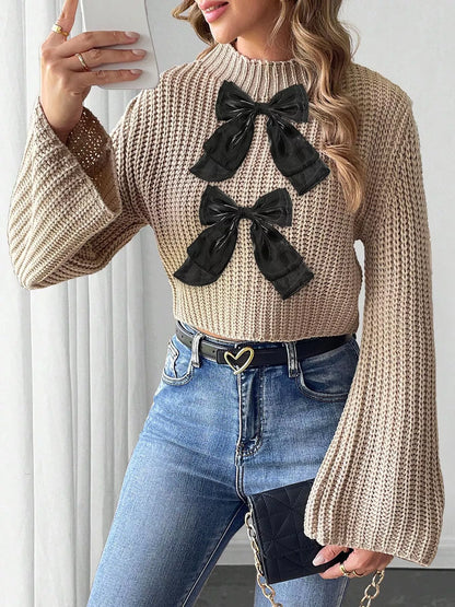 Bow-Decorated Mock Neck Cropped Sweater