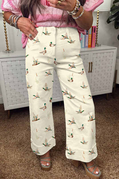 Beige Stylish Mallard Printed Cuffed Hem Shift Jeans