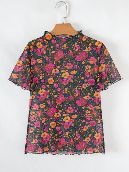 Floral Print Mock Neck Short Sleeve Top