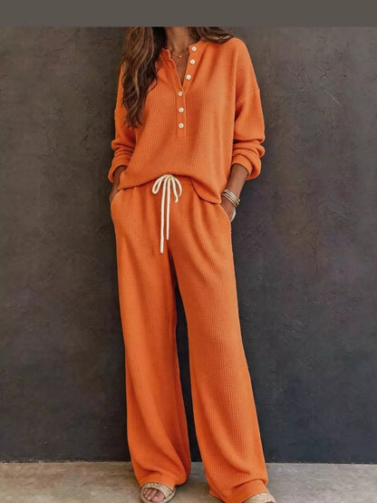 Women’s Waffle Knit Two-Piece Pants Set – Button-Front Top & Wide-Leg Pants