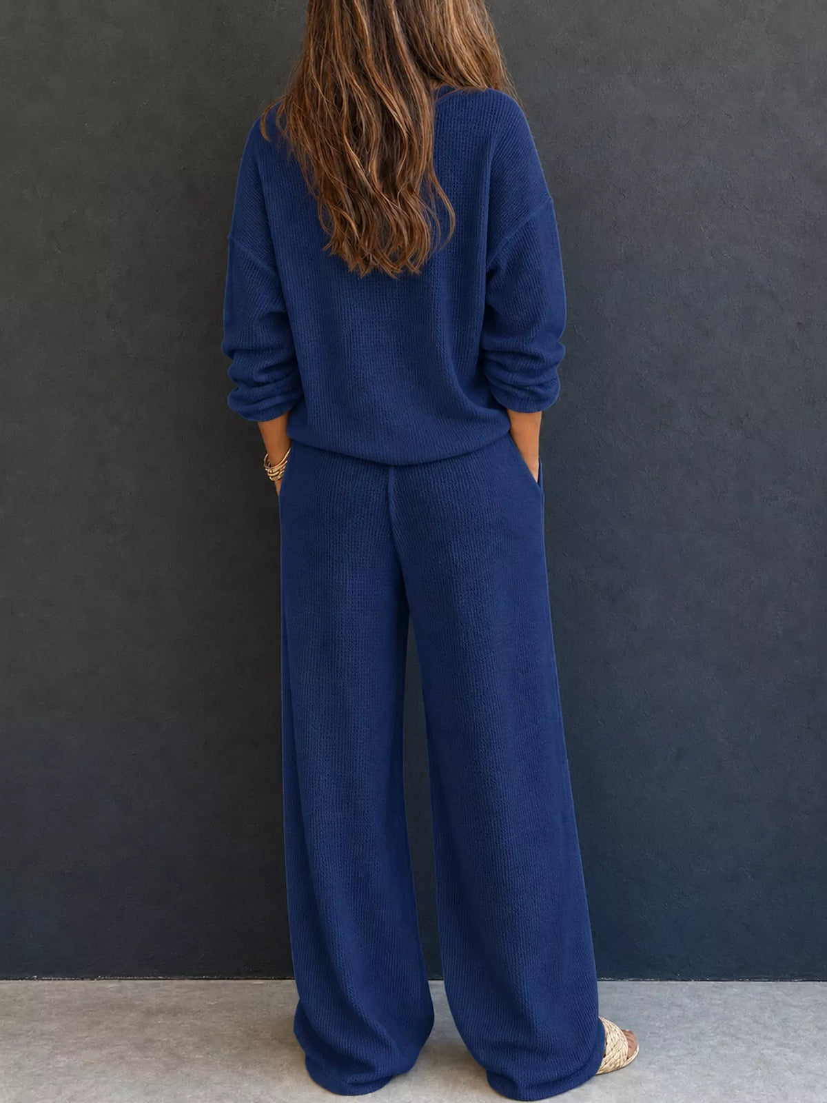 Women’s Waffle Knit Two-Piece Pants Set – Button-Front Top & Wide-Leg Pants