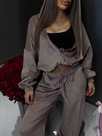 Zip Up Cropped Outerwear and Pants Set