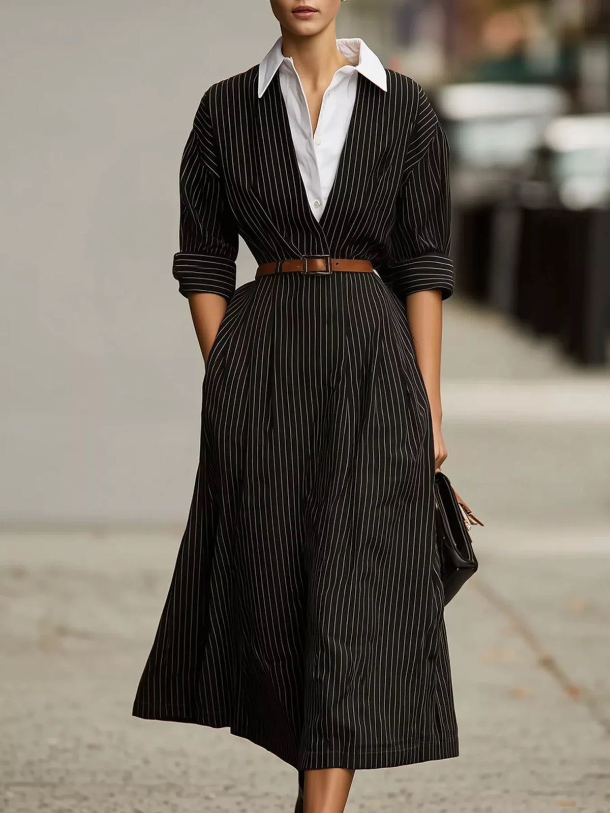 Striped Collared Neck Midi Dress