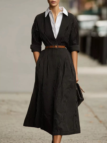 Striped Collared Neck Midi Dress