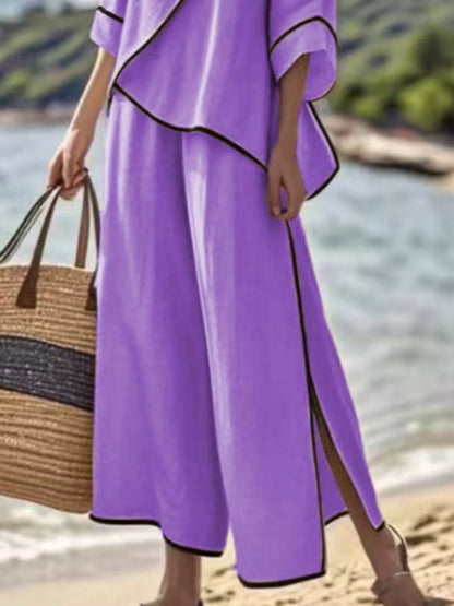 Full Size Contrast Trim Top and Wide Leg Pants Set Plus Size
