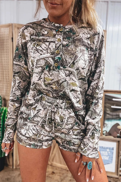 Camo Long Sleeve Top Elastic Waist Shorts Two Piece Set