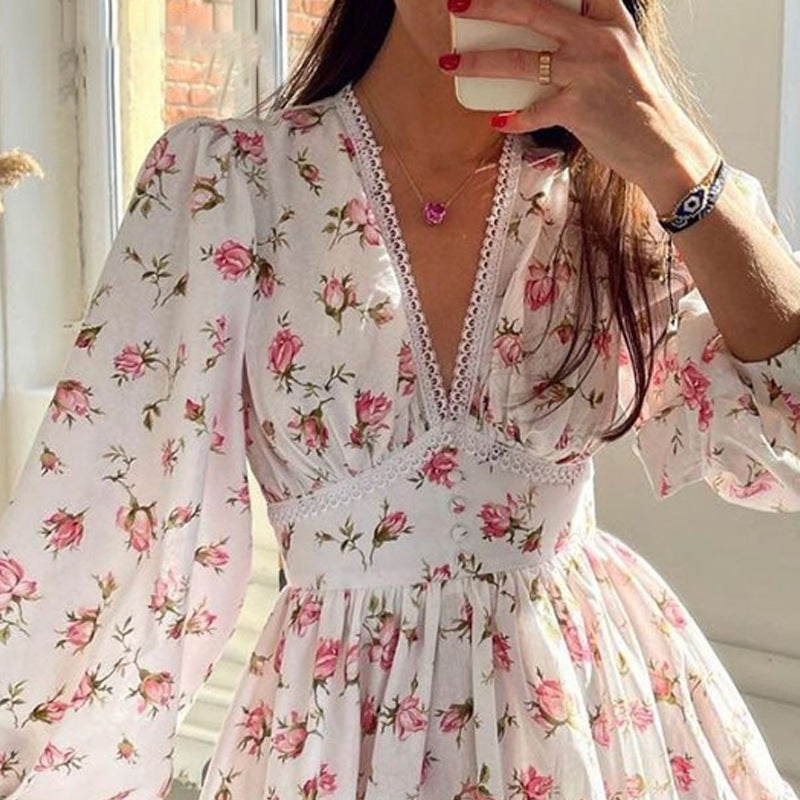Sweet printed V-neck lace short dress