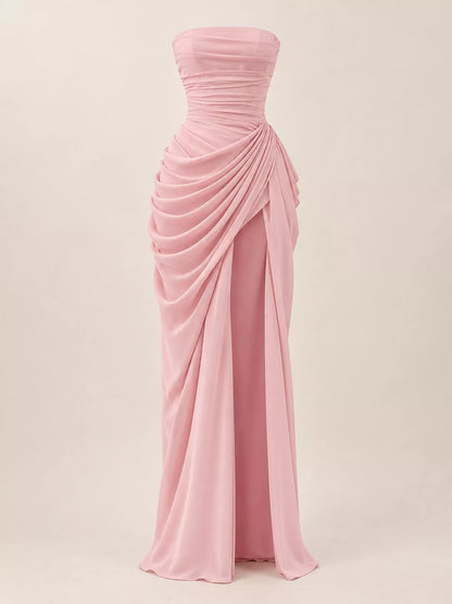 Elegant Strapless Ruched High-Slit Evening Dress