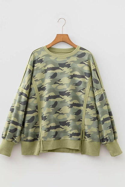 Camouflage Waffle Knit Raw Edge Contrast Trim Oversized Long Sleeve Top