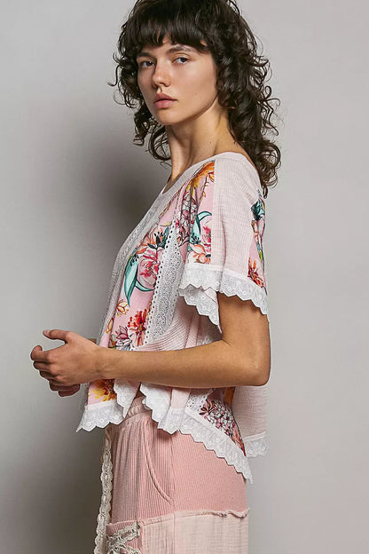 POL Round Neck Ribbed Cropped Top with Lace Detail