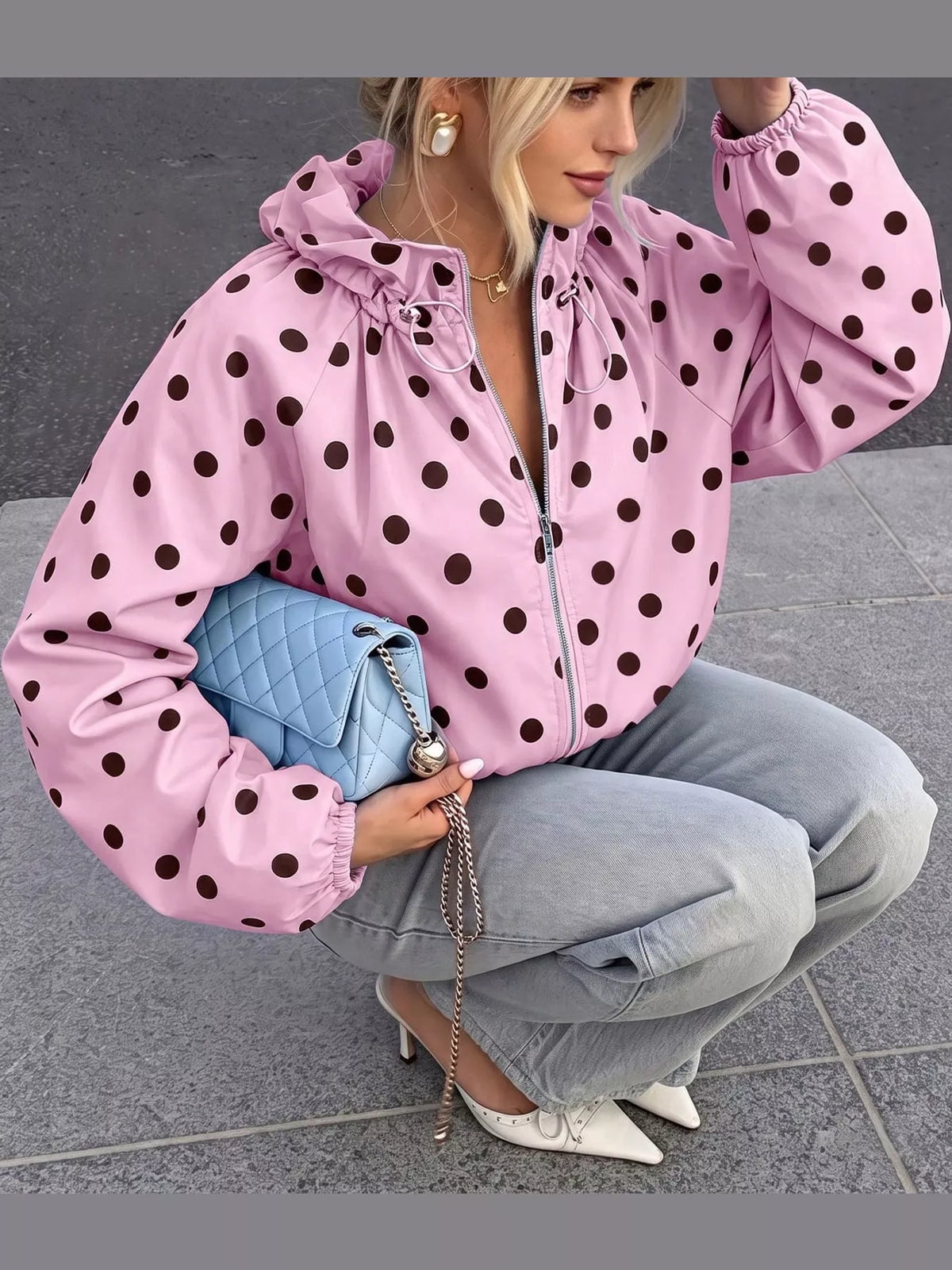Polka Dot Zip Up Hooded Jacket