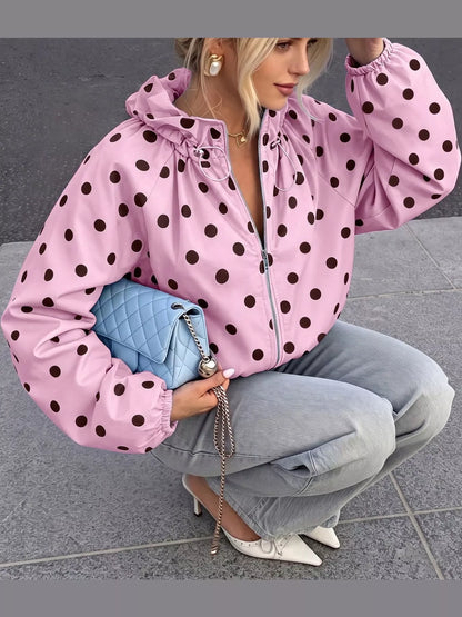Polka Dot Zip Up Hooded Jacket