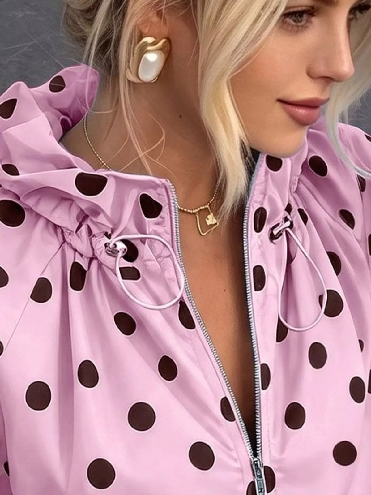 Polka Dot Zip Up Hooded Jacket