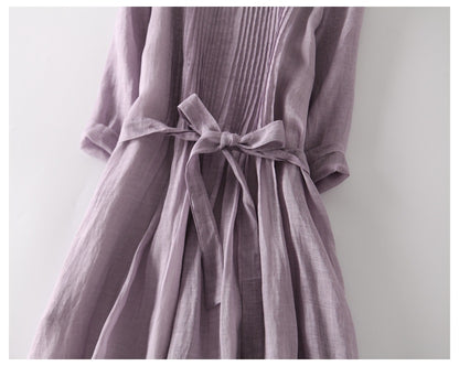 Loose Cotton Linen Tie Three Quarter Sleeve Dress
