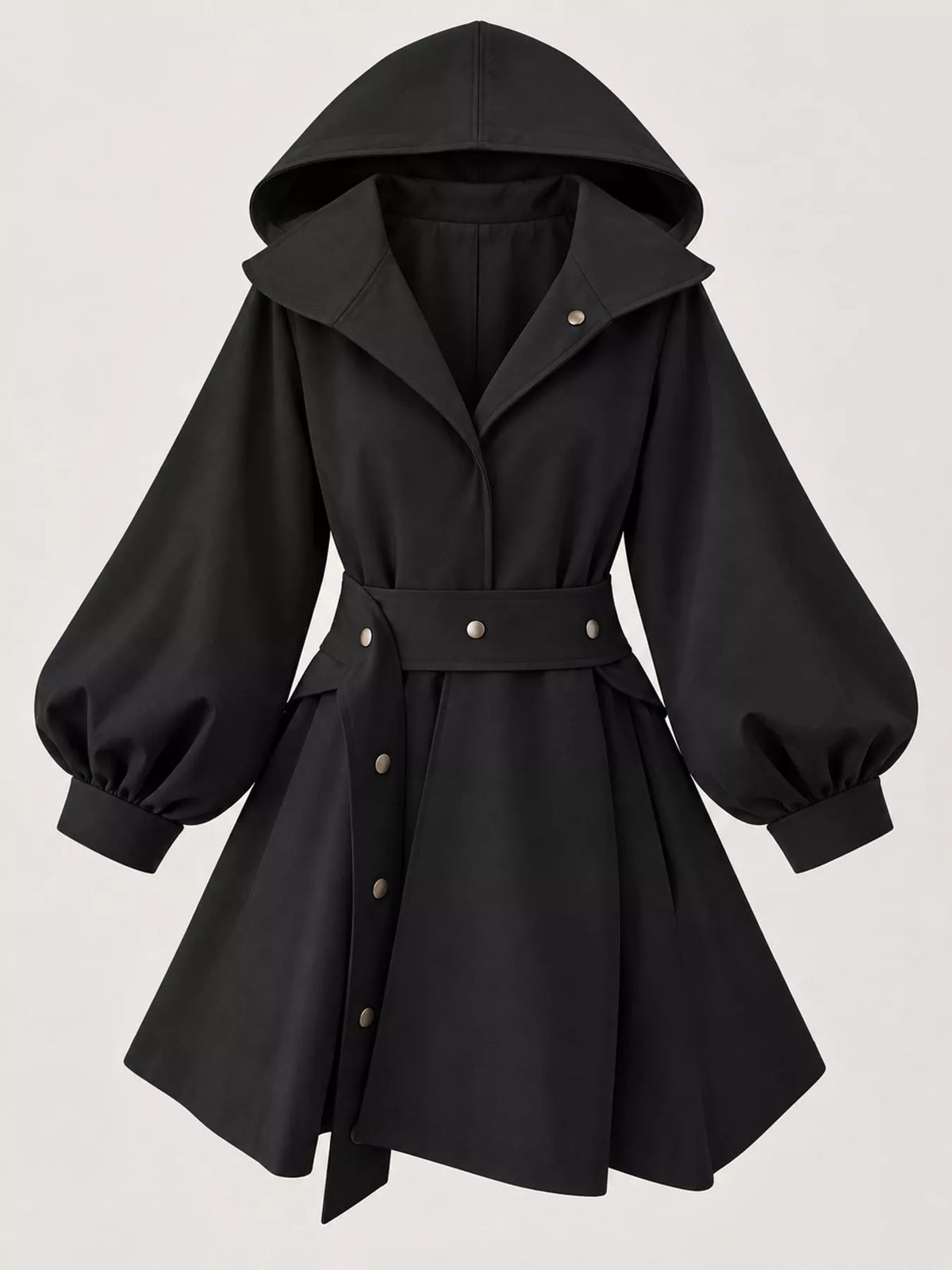 Lantern Sleeve Hooded Outerwear with Belted Waist