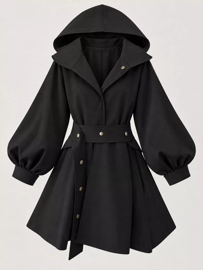 Lantern Sleeve Hooded Outerwear with Belted Waist