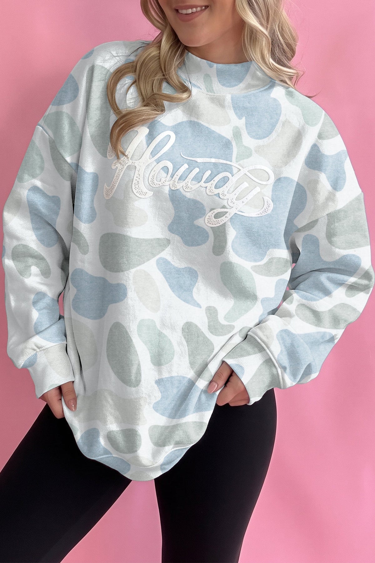 Pink Camo Print Howdy Western Style Baggy Pullover Sweatshirt