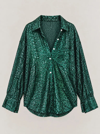 Full Size Sequin Button Up Long Sleeve Shirt Plus Size