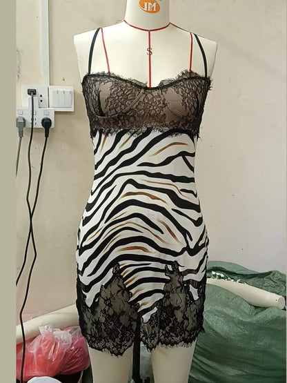Zebra Print Lace Trim Spaghetti Strap Mini Dress