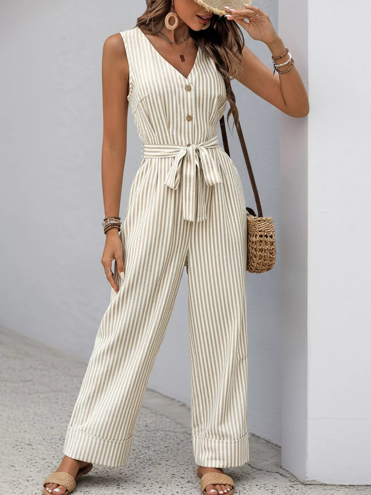 Striped Button-Front Wide Leg Jumpsuit