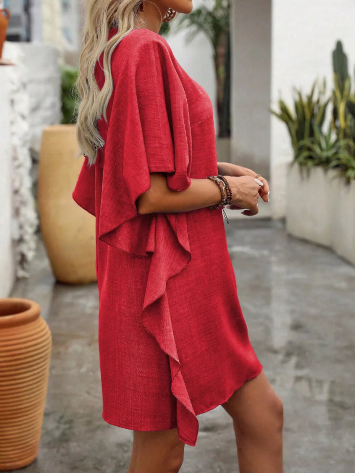 Flowy Sleeve V-Neck Casual Mini Dress