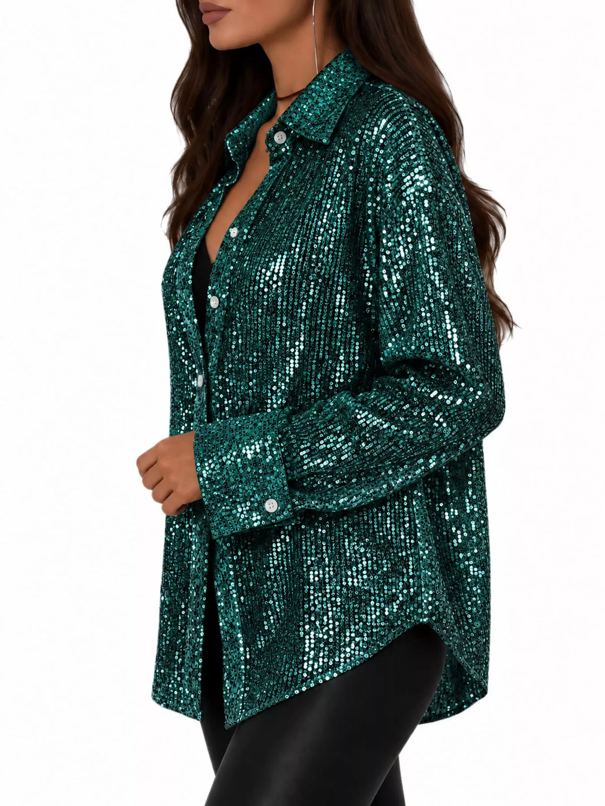 Full Size Sequin Button Up Long Sleeve Shirt Plus Size