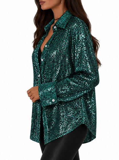 Full Size Sequin Button Up Long Sleeve Shirt Plus Size