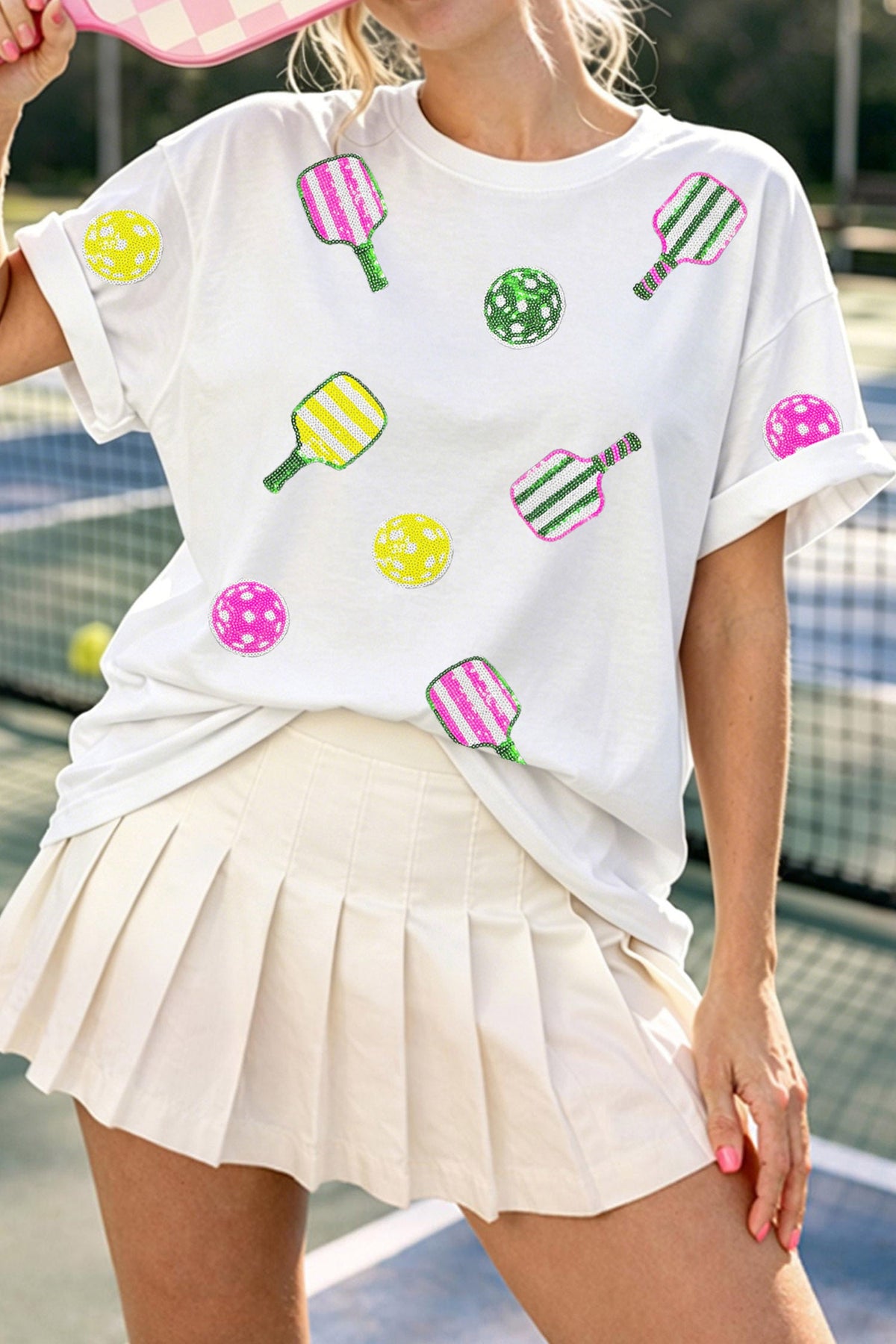 White Sequin Pickleball Graphic Casual T Shirt