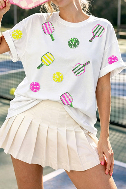 White Sequin Pickleball Graphic Casual T Shirt