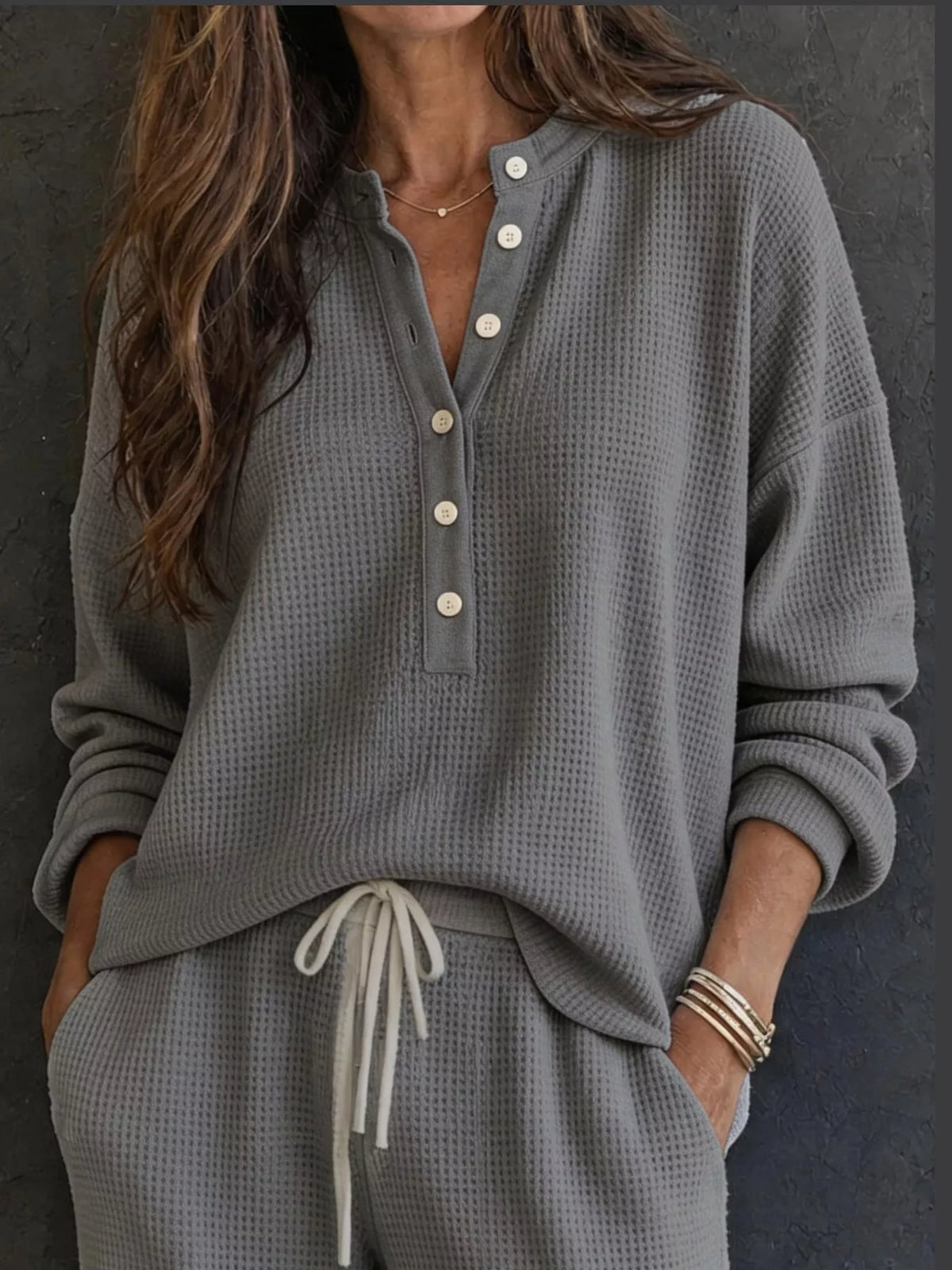 Women’s Waffle Knit Two-Piece Pants Set – Button-Front Top & Wide-Leg Pants