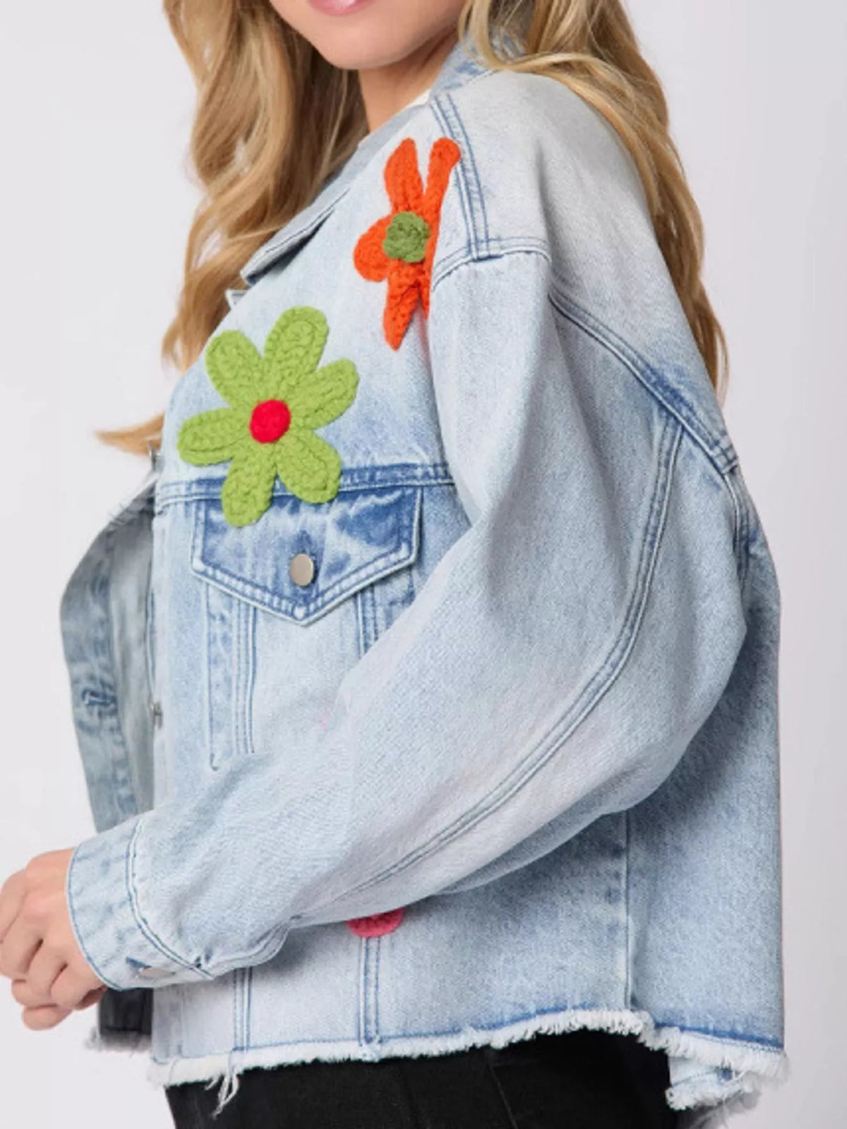 Applique Cropped Denim Jacket with Raw Hem