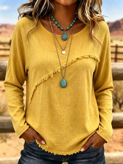 Plus Size Fringe Long Sleeve Top | Relaxed Casual T-Shirt