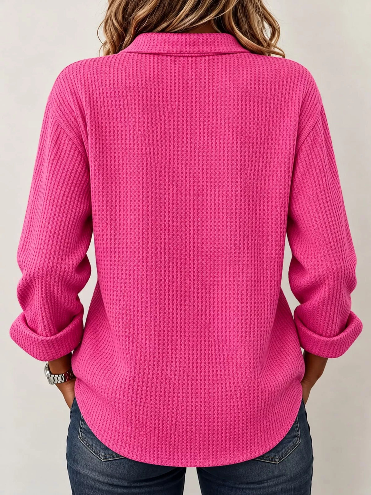 Full Size Waffle Knit Long Sleeve Polo Top Plus Size